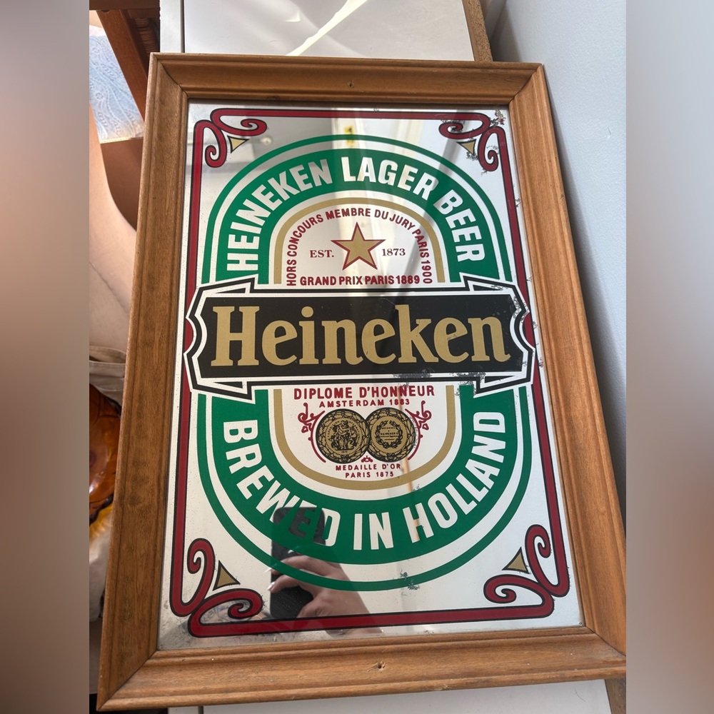 Heineken Lager Beer Framed Mirror - Green, White, Gold